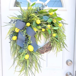 Lemon Wreath: Farmhouse Summer Decor with Greenery & Striped Bow