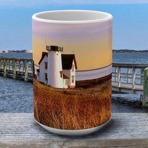 Stage Harbor Lighthouse Coffee Mug 15oz Chatham, Cape Cod, MA Hardings Beach