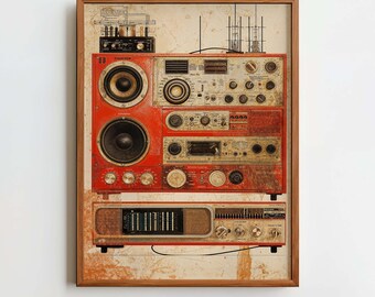 May include: A framed print featuring a vintage red and brown stereo system. The artwork showcases various components, including speakers, dials, and meters, with a distressed, aged aesthetic. The text "CELLAR DOOR CURATIONS" is at the bottom.