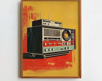 May include: A framed print featuring a retro stereo system illustration. The artwork showcases a vintage stereo in black, red, and teal against a yellow and red background. The print is in a wooden frame. The text "CELLAR DOOR CURATIONS" is at the bottom.