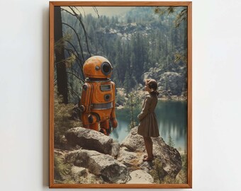 May include: Framed art print featuring a vintage-style image of a girl and a robot in a forest setting. The robot is orange, and the girl is wearing a dress. The background includes a lake and trees. The text "CELLAR DOOR CURATIONS" is at the bottom.