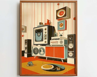 May include: A framed print of a retro-style living room with a vintage television, stereo equipment, and speakers. The artwork features a color palette of orange, red, and blue, with a mid-century modern aesthetic. The text "CELLAR DOOR CURATIONS" is at the bottom.