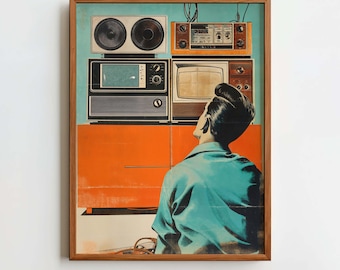 May include: A framed art print featuring a retro-style illustration. The artwork depicts a person gazing upwards at a stack of vintage electronics, including speakers, radios, and televisions. The color palette includes orange, teal, and brown tones. The text "CELLAR DOOR CURATIONS" is at the bottom.