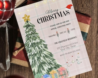 May include: A rectangular Christmas party invitation card featuring a green illustrated pine tree with a yellow star topper, colorful gift boxes at the base, and text reading Merry Christmas, Please join us for our annual Christmas party.