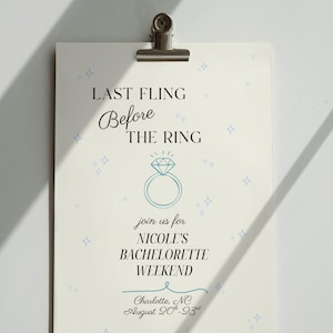 Last Fling Before the Ring Invitation Template, Elegant Bachelorette Party Invite, Blue Green Ring Sparkle Design, Minimal Bridal Bach