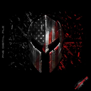 May include: A digital graphic of a Spartan helmet, with the American flag design. The helmet is split down the middle, with the stars and stripes visible. The background is black with red and white accents. The text "PNG DIGITAL FILE" is on the left side.