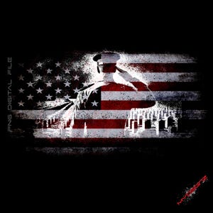 May include: A digital graphic featuring an American flag with a soldier's silhouette overlaid. The flag's red and white stripes and stars are visible, with a distressed, grunge effect. The soldier is saluting, with a row of headstones in the background.