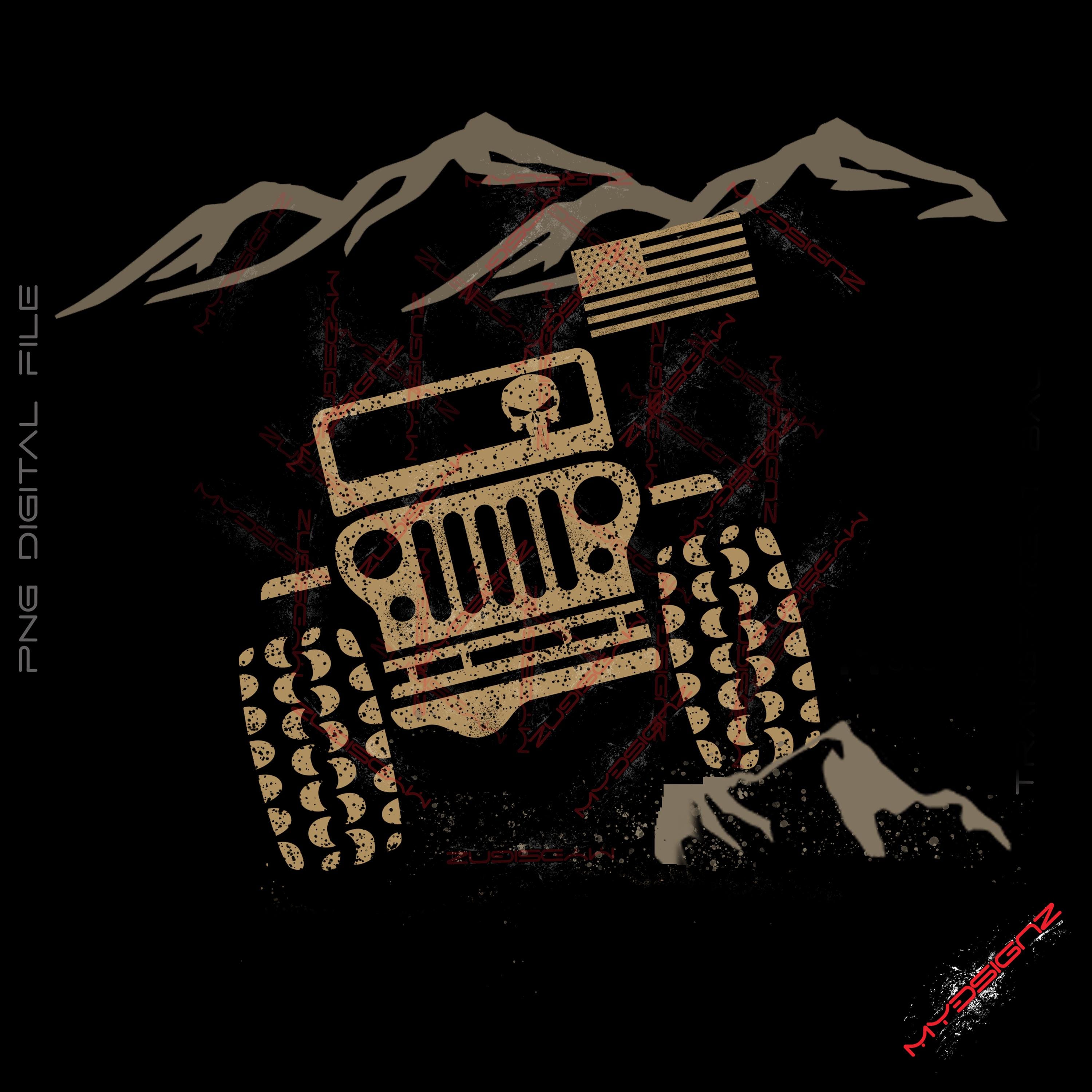 Offroad, 4 x 4, bergtocht, kamperen, Amerikaanse vlag, Punisher-schedelrijden, png-ontwerp, klaar om te downloaden, png