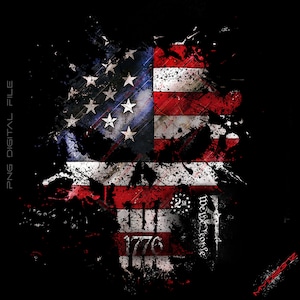 May include: A distressed American flag with a skull and crossbones design. The flag is splattered with black paint and has the text "We The People" and "1776" on it.