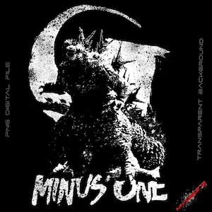 Puede incluir: Diseño gráfico en blanco y negro de un monstruo con el texto "MINUS ONE" en letras blancas. El fondo es transparente.