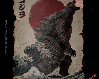 May include: A digital illustration of Godzilla roaring, standing on a large wave with a red sun in the background. The Japanese word "ゴジラ" is written in the top left corner of the image.