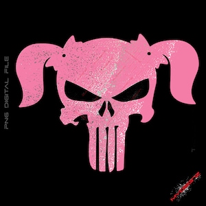 May include: Pink skull with pigtails, a distressed, grunge-style design. The skull has a black outline and a white, textured fill.