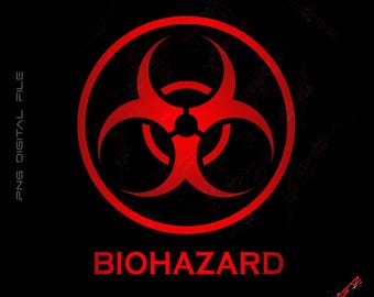 May include: Red biohazard symbol with three points, set against a black background. The word "BIOHAZARD" is written in red below the symbol.