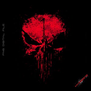 May include: Red skull graphic with a splatter effect on a black background. The image includes the text "PNG DIGITAL FILE" on the left side and the artist's signature on the bottom right.