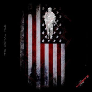 May include: A distressed American flag with a white silhouette of a soldier standing in the center of the flag. The soldier is holding a rifle and is facing forward. The flag is on a black background.