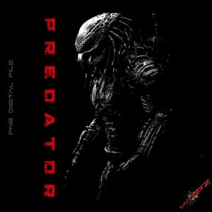 May include: A black and white digital illustration of the Predator character in profile, featuring intricate armor details and dreadlocks. The word PREDATOR is printed vertically in bold red letters on the left, with PNG DIGITAL FILE text above.