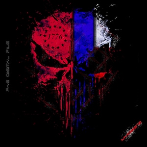 May include: A red, white, and blue skull graphic with the number 1776 and stars in the center. The skull is dripping with red and blue paint.