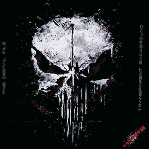 May include: A white and black graphic of a skull with a vertical line down the center. The skull has a distressed, paint-splatter effect. The words "PNG DIGITAL FILE" and "TRANSPARENT BACKGROUND" are printed on the left and right sides, respectively.