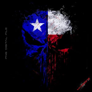 May include: A digital illustration of a skull with the Texas flag colors and design. The skull is dripping with blue and red paint. The background is black.