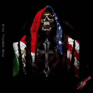 May include: A skull wearing a hooded cloak made of the American and Mexican flags. The skull is surrounded by a black cross with a silver finish. The background is black.