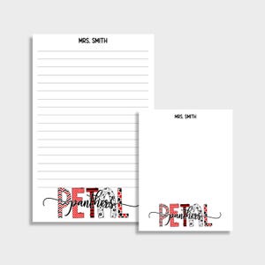 May include: Two white notepads, one lined and one blank, with the text "MRS. SMITH" at the top. The word "PETAL" is in a decorative font with red, black, and white patterns, and the word "Panthers" is in a script font.