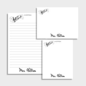 Music Notes Personalized Teacher Stationery Set | Set of 2 Notepads and Set of Note Cards