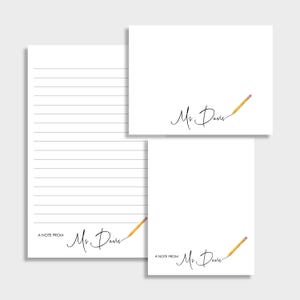 Pencil Writing Personalized Teacher Stationery Set | Set of 2 Notepads and Set of Note Cards