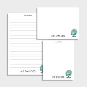 Globe Personalized Teacher Stationery Set | Set of 2 Notepads and Set of Note Cards