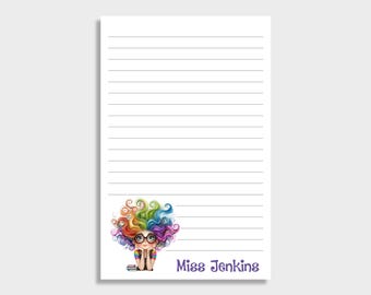 May include: A lined notepad with a colorful illustration of a cartoon character with rainbow hair, glasses, and a rainbow-striped shirt. The notepad has the text "Miss Jenkins" and "MULTIPLE OPTIONS AVAILABLE" in purple.