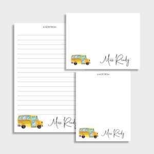 School Bus Personalized Teacher Stationery Set | Set of 2 Notepads and Set of Note Cards