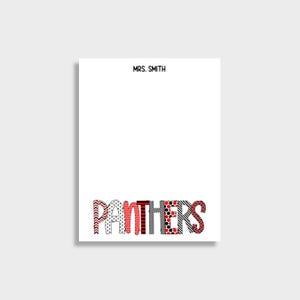 May include: White notepad with the text "MRS. SMITH" at the top and "PANTHERS" in a decorative font at the bottom. The letters of "PANTHERS" are in various patterns of black, white, and red.
