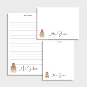 Books and Apple Personalized Teacher Stationery Set | Set of 2 Notepads and Set of Note Cards