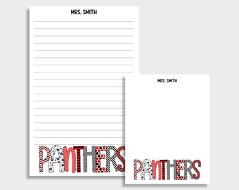 May include: Two white notepads with the text "MRS. SMITH" at the top. The bottom of the notepads feature the word "PANTHERS" in a variety of patterns, including paw prints, polka dots, and stripes. One notepad is lined.