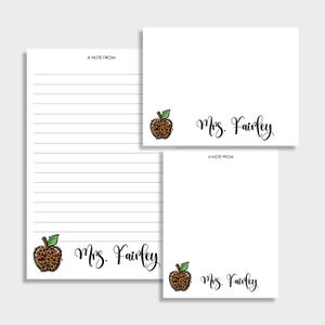 Leopard Print Apple Personalized Teacher Stationery Set | Set of 2 Notepads and Set of Note Cards