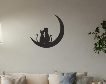 Katze und Mond Metall Wandkunst, Metallkatze Wanddekor, Geschenk für Katzenliebhaber, Katze auf Mond, Mond und Sterne Metall Wandkunst, Natur Thema Wohnkultur, Gif