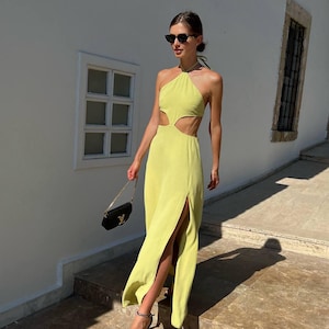 Spectacular Long Evening Summer Dress, Open Back Cocktail Gown, High Side Slit, Cutout Waist, Fitted Bodice & Flowy Skirt
