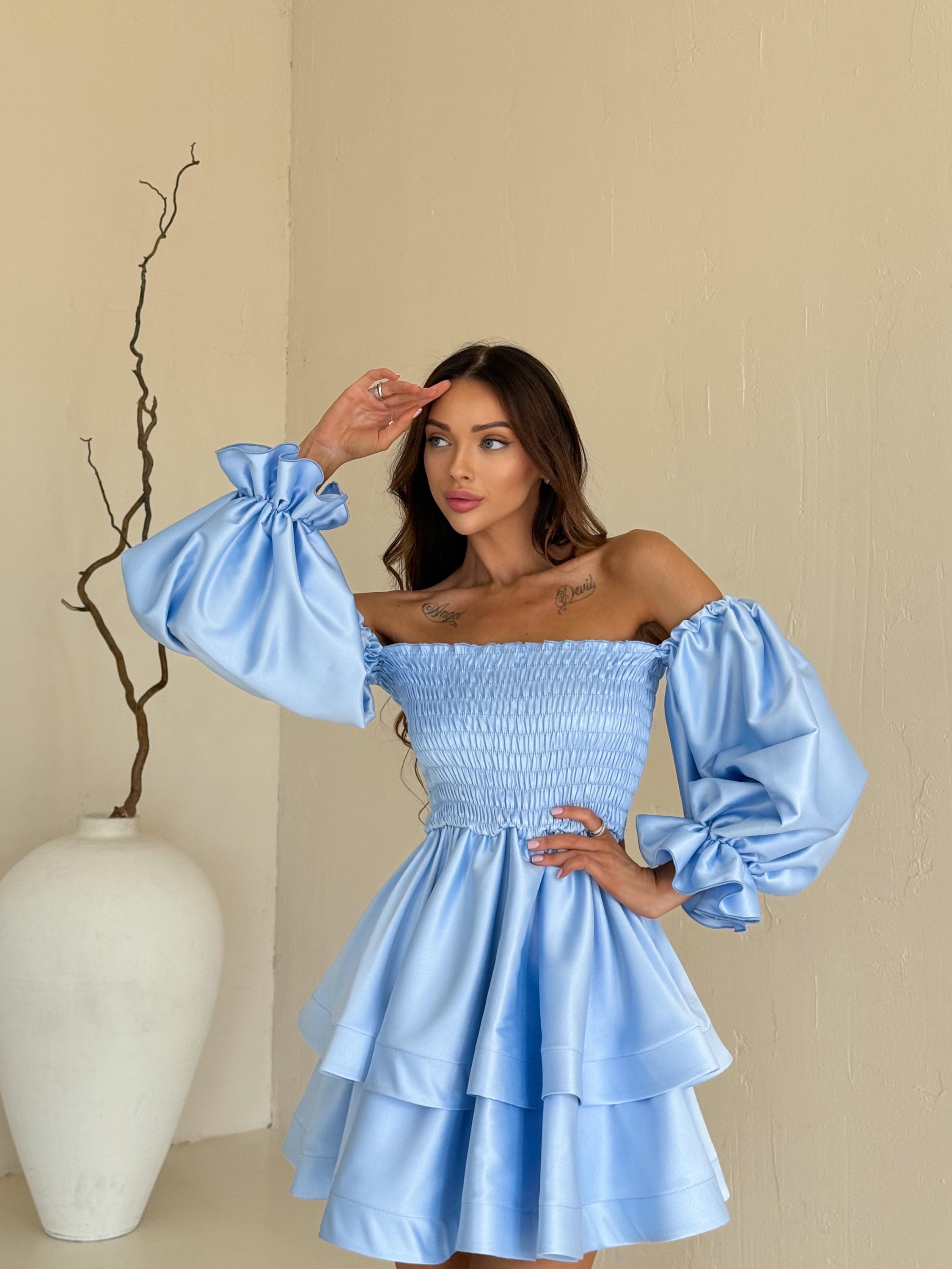 Satin Long Puff Sleeve Slash Neck Solid Color Women Mini Dress