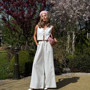 Boho Linen Suit with Waistcoat & Loose Pants – Two Piece Set, Wide Leg High Waist Pants, Lightweight Summer Outfit, Women’s Linen Clothing