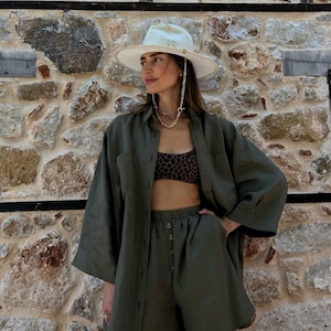 Linen Two-Piece Set: Oversized Shirt & Shorts for Summer Vacation, Casual Boyfriend Style Beachwear, Relaxed Linen Outfit