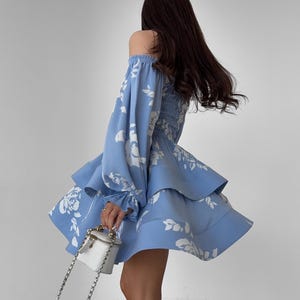 Floral Mini Dress with Puff Sleeves & Full Skirt – Summer Party Dress, Romantic Fit and Flare Dress, Feminine Staple Twill Dress for Women