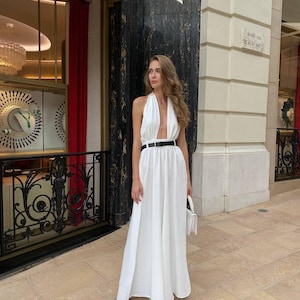 Convertible Evening Jumpsuit with Skirt-Pants, Open Back & Statement Belt – Crepe Linen Formal Outfit