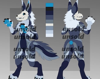 May include: Digital artwork of a stylized anthropomorphic wolf creature in shades of blue, gray, and white. The creature has a skull-like face and is depicted from both front and back views. The word "unsold" is overlaid on the image.