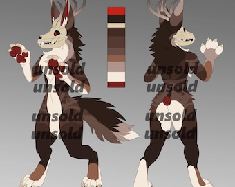 May include: A digital illustration of a stylized anthropomorphic wolf-like creature with a skull-like face and antlers. The creature is depicted in two poses, front and back, with a color palette of browns, tans, and reds. The word "unsold" is stamped across the image.