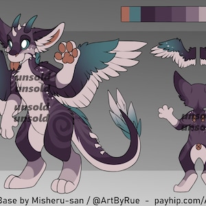 May include: A digital character reference sheet featuring a winged creature with purple and teal fur, large ears, and a long tail. The illustration displays a front view with a raised paw, a separate wing detail, and a back view with a circular marking.