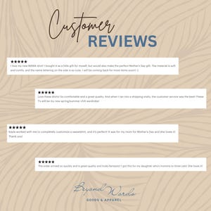 May include: Customer reviews for Beyond Words Goods & Apparel. Five star reviews with text praising the quality, comfort, and customer service of the products.