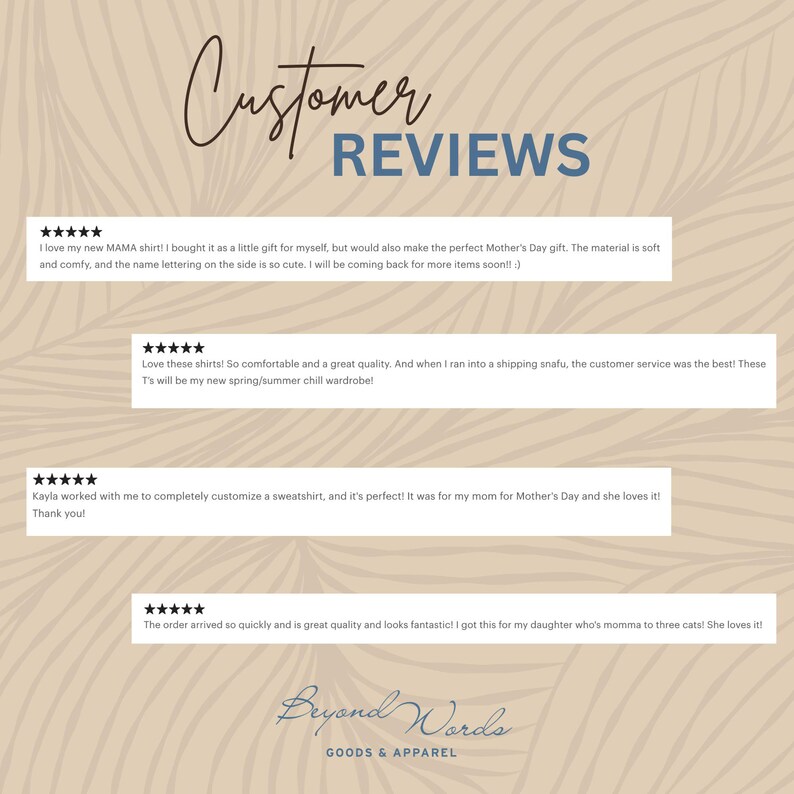 May include: Customer reviews for Beyond Words Goods & Apparel. Five star reviews with text praising the quality, comfort, and customer service of the products.