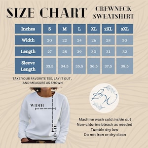 May include: Size chart for a crewneck sweatshirt in sizes S through 3XL. The chart shows measurements in inches for width, length, and sleeve length.