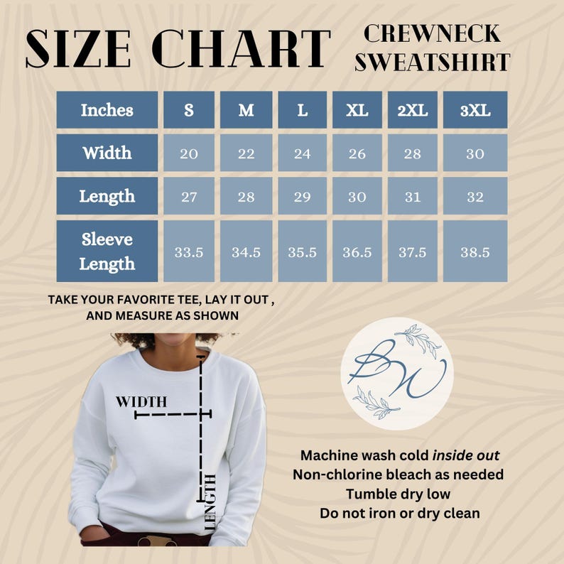 May include: Size chart for a crewneck sweatshirt in sizes S through 3XL. The chart shows measurements in inches for width, length, and sleeve length.