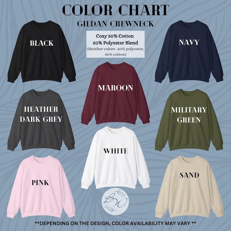 May include: Color chart for Gildan crewneck sweatshirts. The chart shows 10 different colors: black, navy, heather dark grey, maroon, white, military green, pink, sand, and two shades of blue. The text states that the sweatshirts are made of 50% cotton and 50% polyester blend. The text also states that heather colors are 60% polyester and 40% cotton.