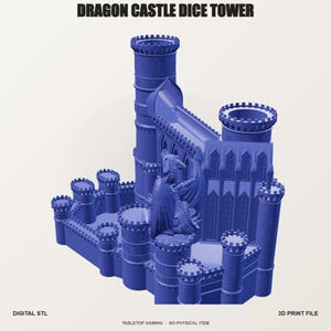 Może przedstawiać: Niebieska wieża na kości wydrukowana w 3D w kształcie zamku z figurką smoka na wieżyczce. Tekst DRAGON CASTLE DICE TOWER znajduje się na górze, a DIGITAL STL i 3D PRINT FILE na dole tego akcesorium do gier planszowych.
